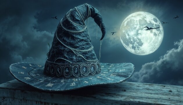 Mysterious witch hat with astrological symbols against a full moon night sky backdrop