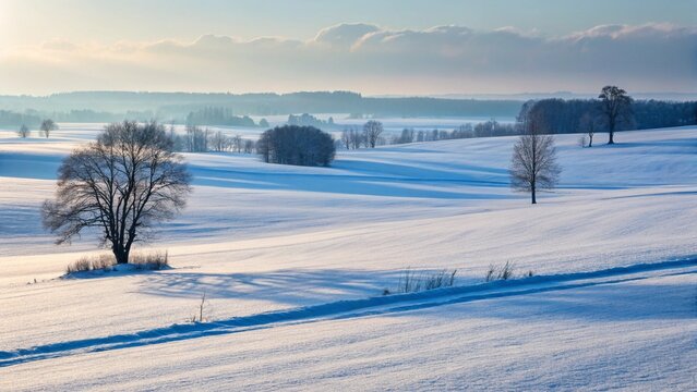 A serene winter landscape with snow-covered fields, bare trees, and a soft, hazy sky.
