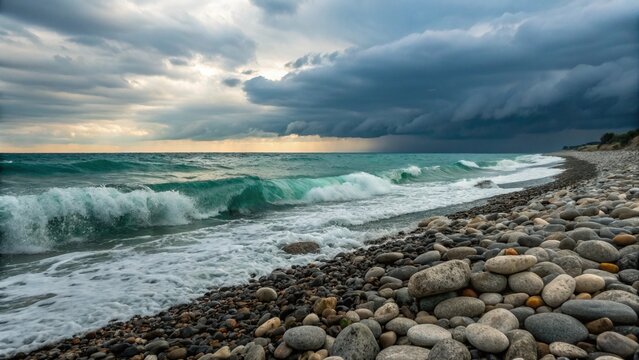 Stormy ocean waves crashing on a pebble beach under a dramatic, dark cloudy sky.
