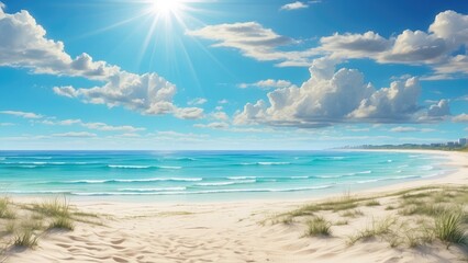 Obraz premium A serene beach scene under a bright, clear blue sky.