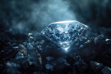 A radiant diamond sparkles brilliantly amidst dark surroundings, symbolizing rarity, beauty, and the enduring allure of precious gems