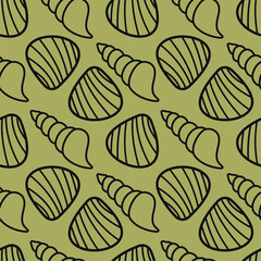 Shell Seamless Pattern on Green Background. Outline seashells.