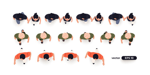 Top view of people set isolated. Men and women. View from above. Vector illustration. A couple walks hand in hand. Male and female characters. Simple flat style design. Realistic silhouettes.
