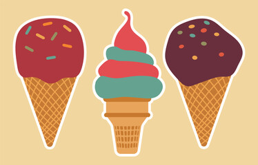 Colorful Ice Cream Cone Vector Illustration set. Vector illustration of three colorful ice cream cones with different toppings.