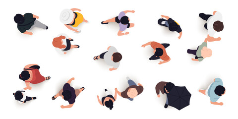 Top view of people set isolated. Men and women. View from above. Vector illustration. Male and female characters. Simple flat style design. Realistic silhouettes.