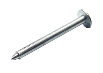 A single metal nail lying diagonally on a plain black background close up on transparent background