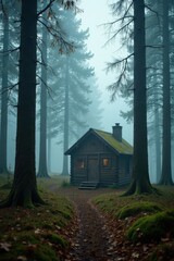 Foggy forest scene with vintage camera and wooden cabin, fog, mist, forest