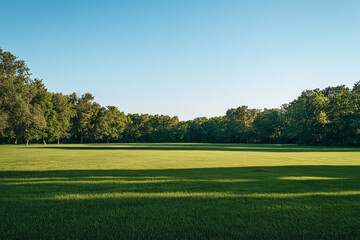 Serene Park Landscape Lush Green Grass, Summer Trees, Blue Sky
