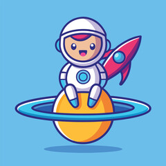 Cartoon astronaut sitting on saturn with a rocket on a blue background
