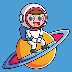 Cartoon astronaut sitting on saturn with a blue background vector