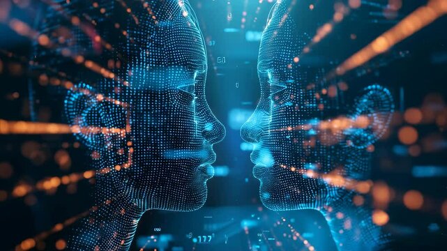 Two digital human profiles facing each other, surrounded by glowing particles and lines, possibly representing artificial intelligence, connection, or futuristic technology.