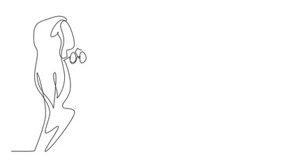 Animated self drawing of single one line drawing a woman hugs and kisses cat perched on her shoulder. Loving animals is like loving children. Adorable. National Pet Parents Day. Full length animation