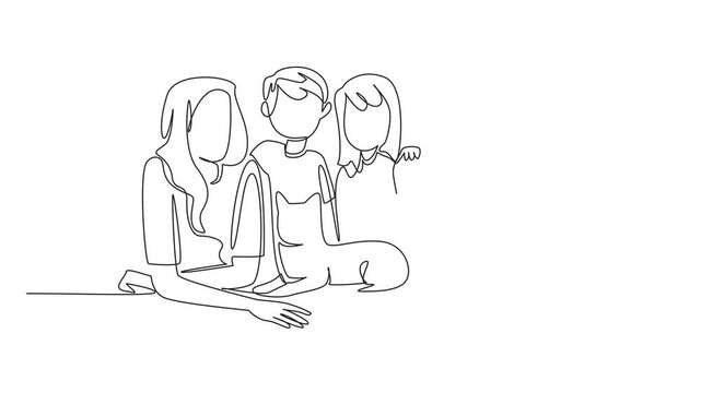 Self drawing animation of single continuous line drawing a pair of father and mother lying face down, boy and girl sitting on the floor. Happy together. National Pet Parents Day. Full length animated