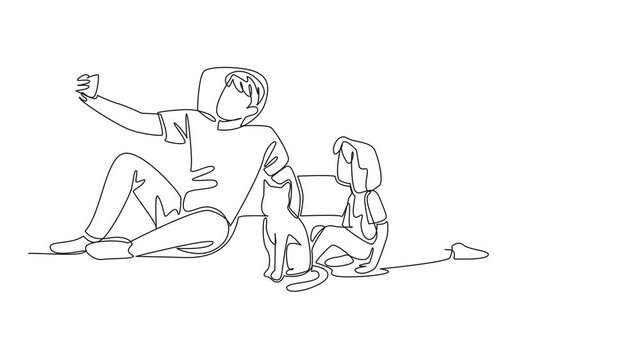 Animated self drawing of continuous one line drawing father mother and a daughter sitting on floor with a cat having a fun wefie. Warmth of family. National Pet Parents Day. Full length animation
