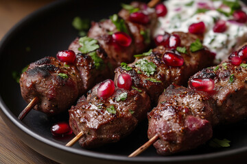 Close-up of sizzling skewers garnished with fresh herbs and pomegranate