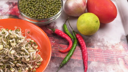 Close up of pile of sprouted seeds of green gram or moong.