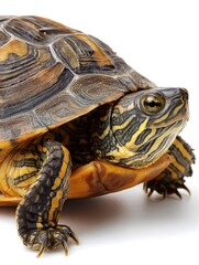 Obraz premium Turtle Portrait Close-up of Reptile Shell and Striped Neck