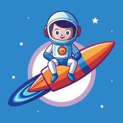 Cartoon astronaut riding a rocket through space with stars around