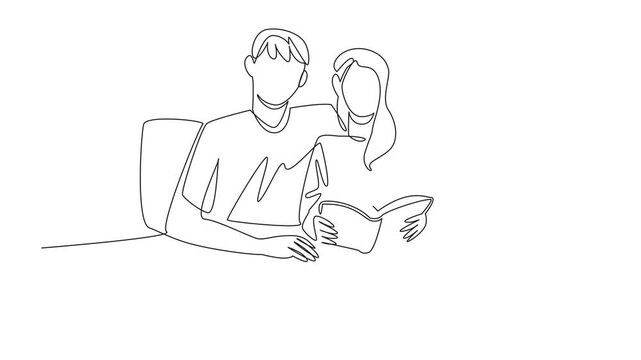 Animation of continuous one line drawing romantic couple relaxing on the bed and reading a book. Quality time with beloved cat. Joy together. National Pet Parents Day. Full length motion - Powered by Adobe
