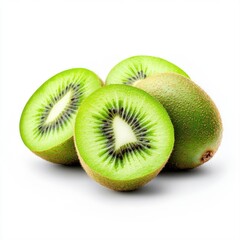 Fototapeta premium Juicy Green Kiwi Sliced and Whole on White Background, Fresh Fruit Perfect for Healthy Diet and Smoothies