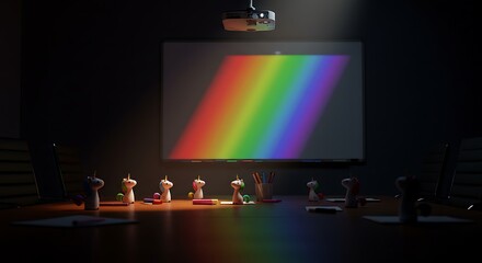 Unicorns Gather 'Round a Projected Rainbow in a Dark Meeting Room
