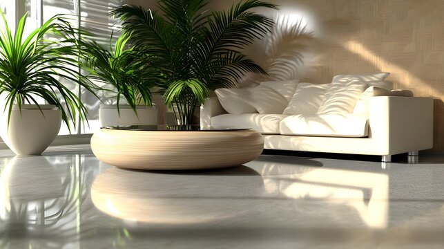 Modern Living Room with White Sofa and Wooden Coffee Table