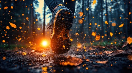 Runner's foot steps through autumn leaves