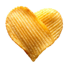 Two ridged potato chips forming a heart shape on a plain black background on transparent background