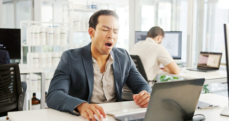 Man, laptop and tired with yawn in office for burnout, exhausted and overworked on medical research. Data analyst, employee and bored in lab for science experiment, fatigue and neuro tech innovation