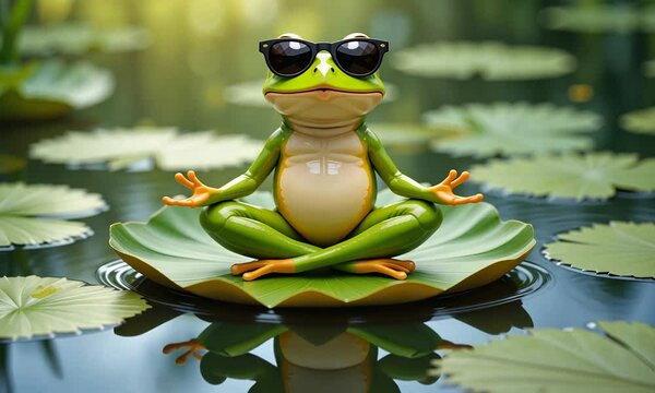 Cartoon-style green frog sitting in lotus pose wearing sunglasses on leaf background. Concept of humor and zen parody