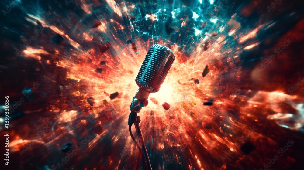 Poster An abstract image of a microphone with swirling colors and lights, creating a vibrant atmosphere that symbolizes energy and creativity in music