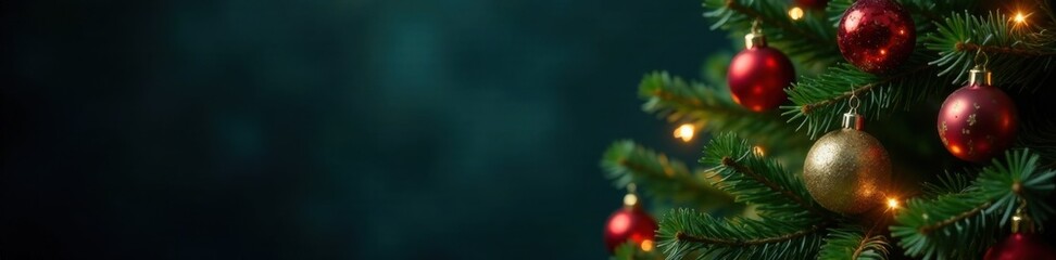 Evergreen Christmas tree with lights and ornaments against a darkened background, snowy background, festive decor, evergreen branches