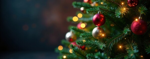 Evergreen Christmas tree with colorful ornaments and fairy lights, Winter wonderland, Christmas tree, Fairy lights
