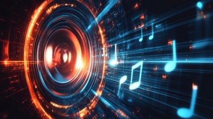 Obraz premium An abstract image of a speaker with swirling sound waves and musical notes, visually illustrating the connection between technology and music creation