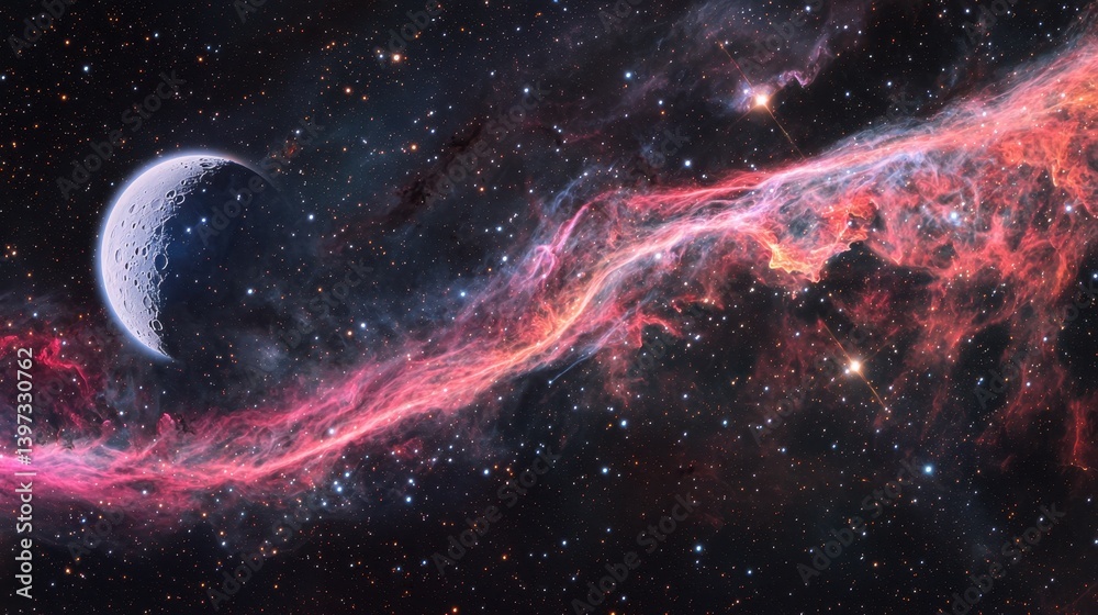 Wall mural cosmic landscape with moon and colorful nebula in deep space