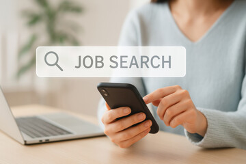 Woman engaged in a job search, using a smartphone while sitting at a desk in a home office. Laptop nearby, browsing online for new career opportunities and potential employment