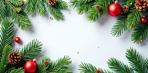 Evergreen branches with pinecones and ornaments, pinecones, winter