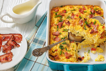 fresh corn pudding casserole in a baking dish