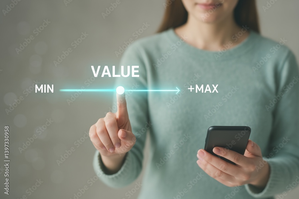 Poster businesswoman is using a futuristic touchscreen interface increasing value from minimum to maximum l