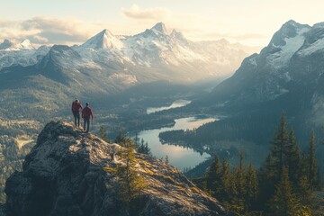 Obraz premium Two hikers stand on a rocky peak admiring majestic, snow-capped mountains. Use for travel, adventure, and achieving goals in landscape photography.