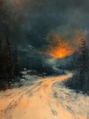 Winter landscape glows cabin sunset path ahead