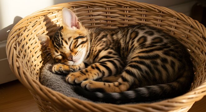 Bengal kitten with exotic spotted pattern, curled up sleeping in a wicker basket, cozy room background with warm light from the window - Powered by Adobe
