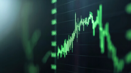 digital screen displays green financial data with fluctuating graphs, indicating market trends and analysis. glowing lines suggest dynamic changes in stock or currency values