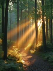 Obraz premium Forest path with sunlight streaming through trees.