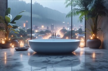 Serene bathroom with freestanding tub,  floor-to-ceiling windows showcasing a rain-swept cityscape at night, illuminated by candlelight and lush tropical plants.