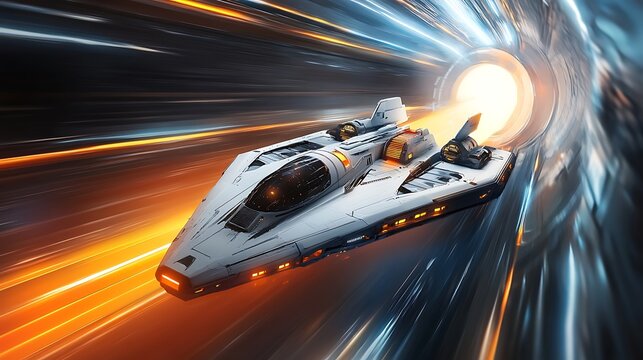 Fototapeta sci-fi concept with fast spaceship moving through dimensional light tunnel featuring glowing energy motion and advanced technology travel