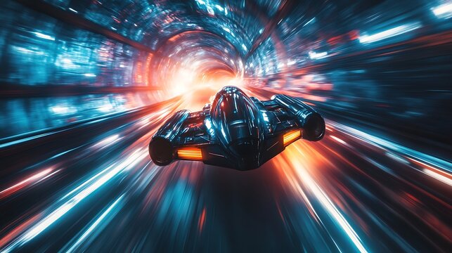 Fototapeta sci-fi concept with fast spaceship moving through dimensional light tunnel featuring glowing energy motion and advanced technology travel