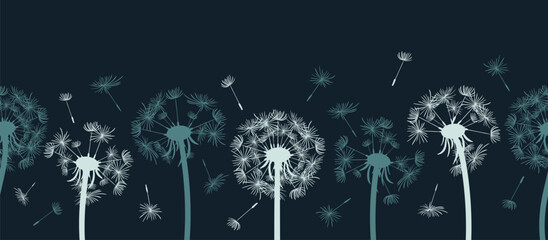 A seamless border featuring fluffy dandelions and floating seeds on a dark background, creating a whimsical and enchanting atmosphere that captures the essence of nature and tranquility.