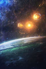 Obraz premium stunning cinematic view of distant alien star system with multiple glowing stars illuminating vibrant planet surface, surrounded by vast cosmic expanse