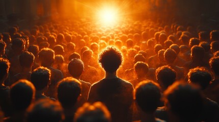 Obraz premium Crowd faces light. A silhouette with large curly hair stands out